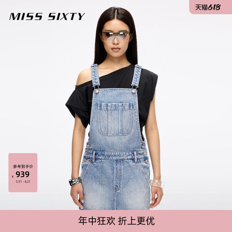 Miss Sixty牛仔背带连衣裙女气质复古磨破口袋减龄休闲百搭短裙