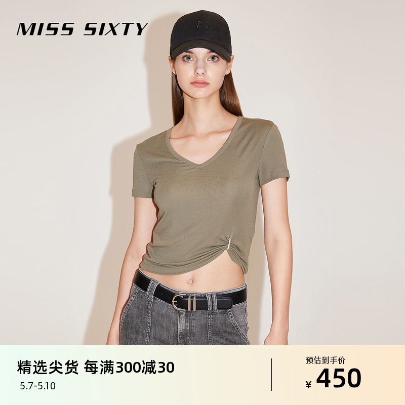 Miss Sixty2024春季新款T恤女V领刺绣柔软垂感含天丝弹力修身