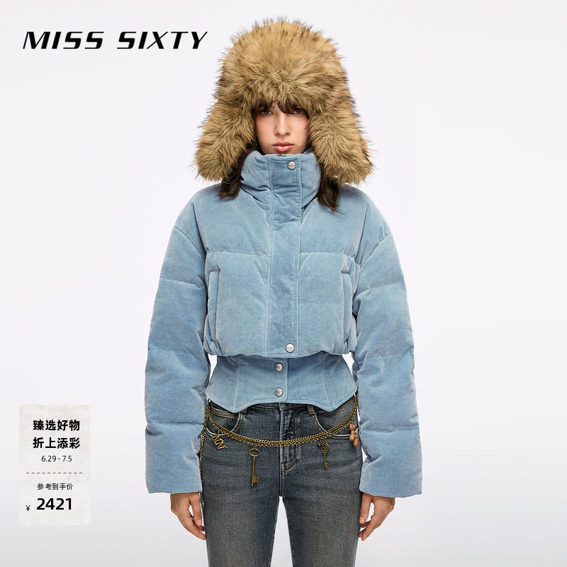 【90鸭绒】Miss Sixty女时尚百搭冬季牛仔丝绒羽绒服拼接