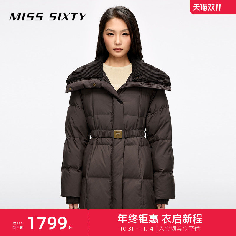 【90鸭绒】Miss Sixty2025冬季新款羽绒服翻领拼接配腰带方格绗线