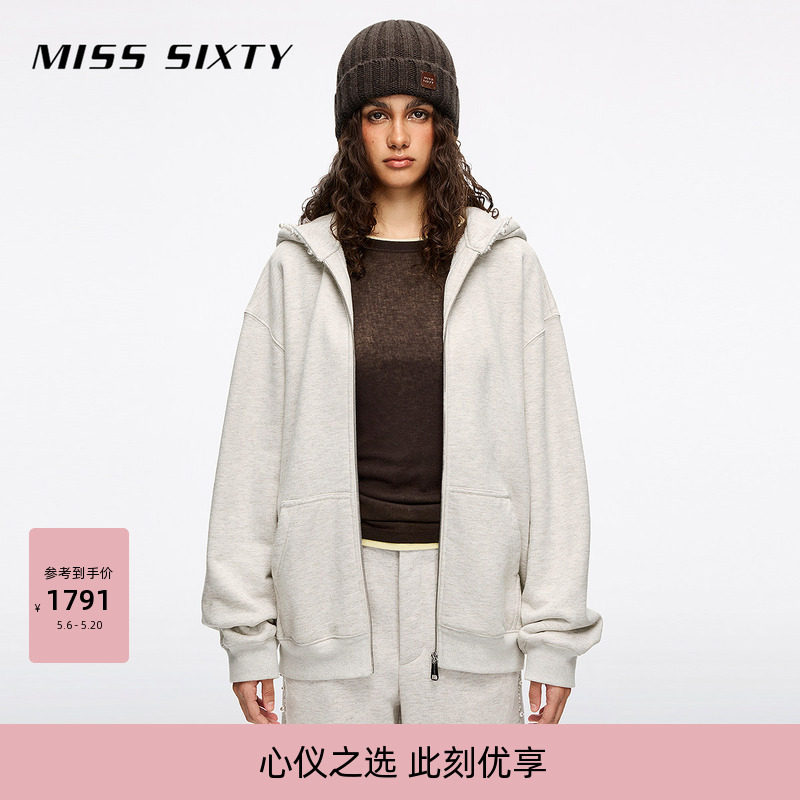 Miss Sixty冬季卫衣外套外搭女连帽珍珠装饰拉链宽松高街运