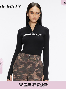 【滑雪系列】Miss Sixty黑色针织衫女半开领撞色提花短款毛衣
