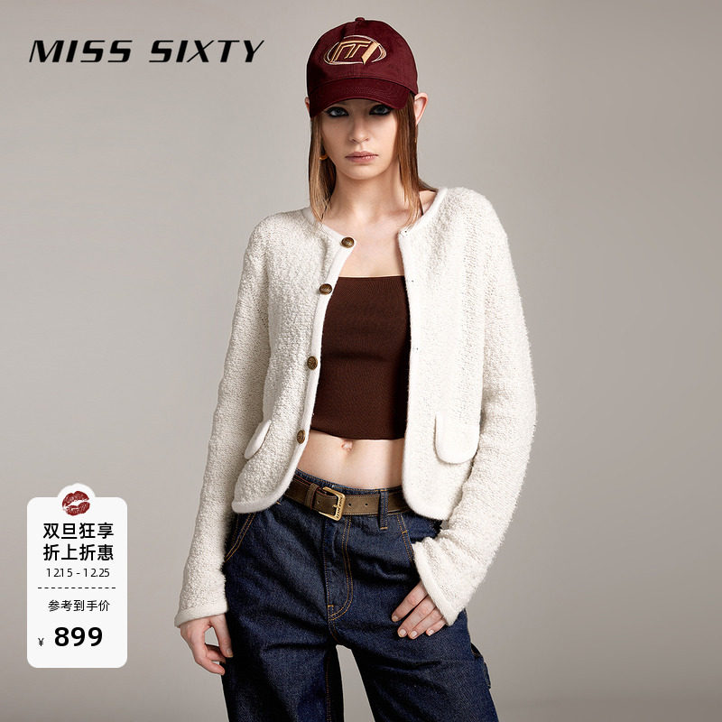 Miss Sixty绵羊毛针织衫外套女气质圆领纽扣小香风短款毛衣