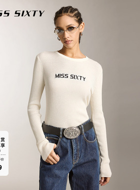 [修身]Miss Sixty含桑蚕丝针织衫女撞色提花罗纹长袖打底毛衣