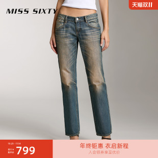 Sixty法棍牛仔裤 Miss 复古显瘦百搭女做旧直筒裤 进口牛仔面料