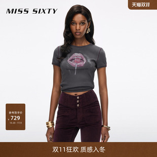 Miss Sixty2026秋季新款T恤女圆领嘴唇英文印花做旧织唛休闲上衣