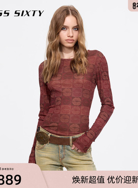 Miss Sixty2025春秋款长袖T恤圆领唇印修身轻薄木耳花边正肩红色