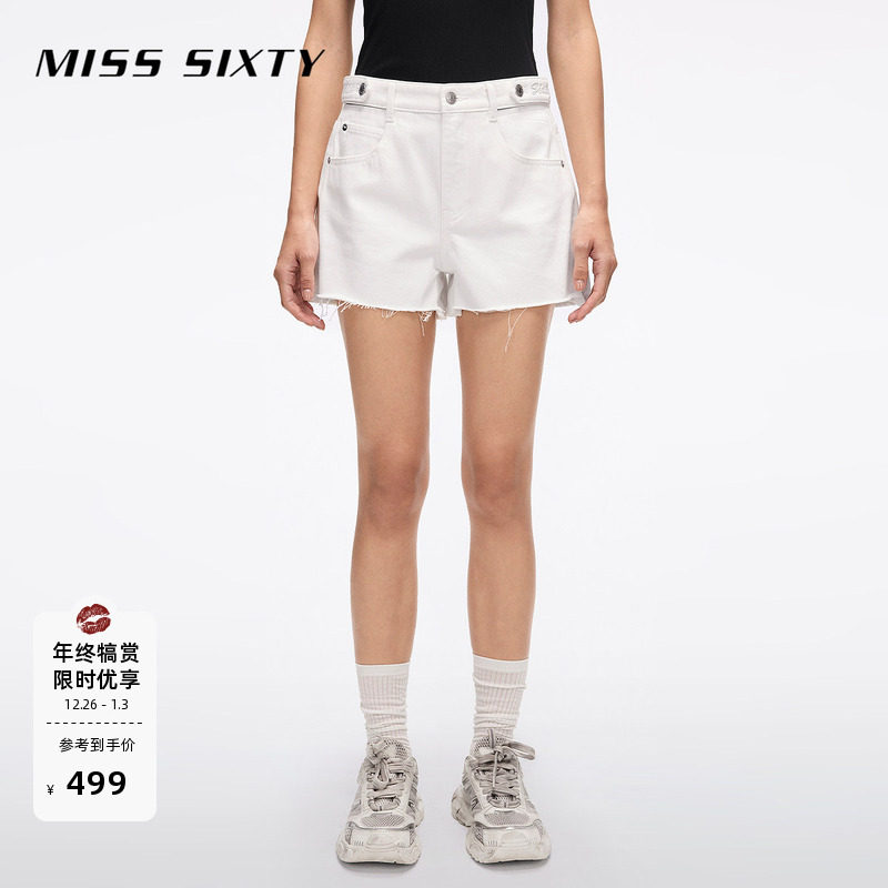 Miss Sixty25夏新款牛仔短裤镂空高腰刺绣直筒裤白色休闲