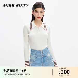 Miss Sixty针织衫女气质polo领条纹撞色修身显瘦百搭简约软糯打底