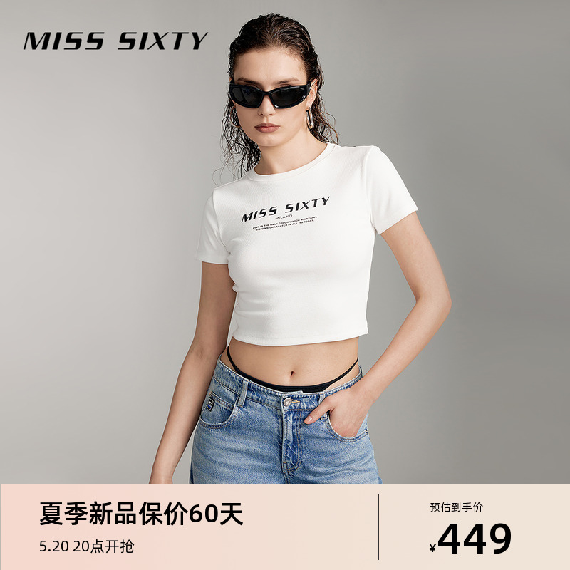 Miss Sixty2024夏季新款短袖T恤女圆领印花显瘦正肩修身短款辣妹