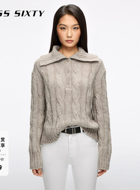 Miss Sixty25冬新款针织衫女polo领羊毛棉混纺长袖短款毛衣