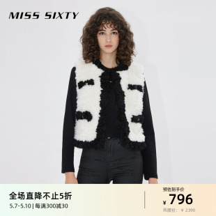 Miss Sixty拼色马甲外套女仿羊羔毛环保皮草设计感高街轻奢高级