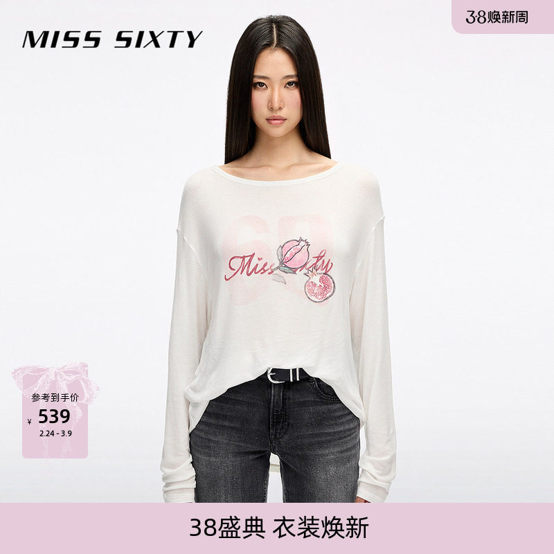 Miss Sixty2026春季新款长袖T恤女天丝羊毛混纺宽松印花松弛感