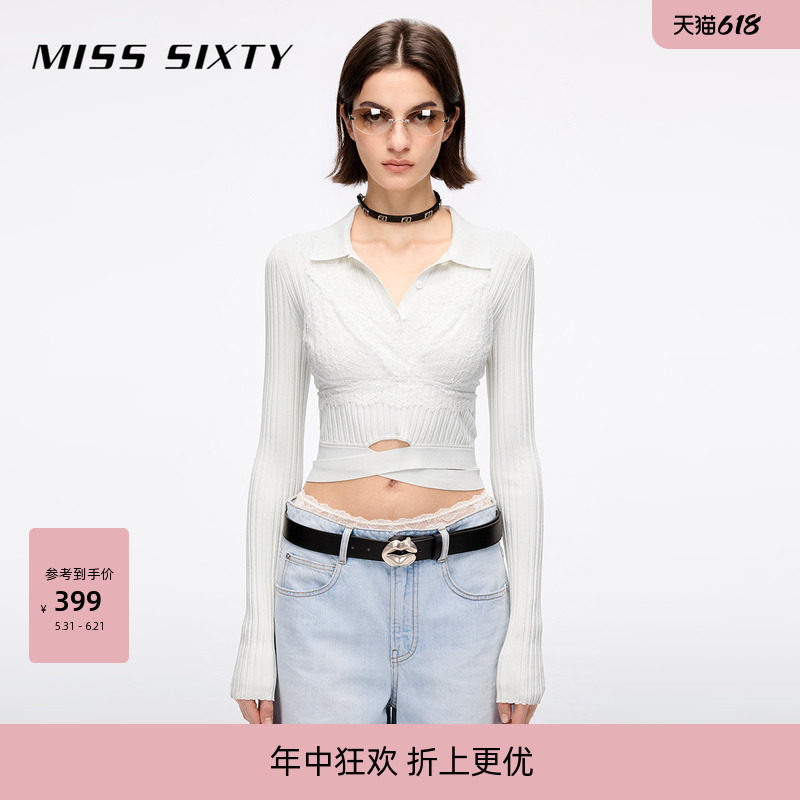 【杨幂同款】Miss Sixty夏针织衫女气质上衣Polo领修身露脐毛衣