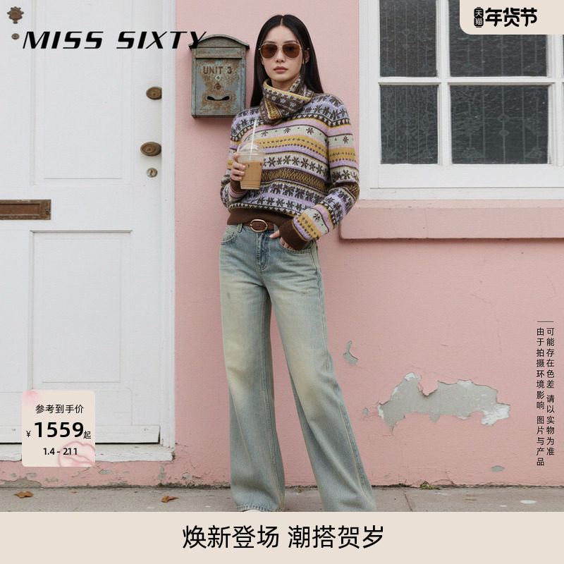 Miss Sixty2026春季新款牛仔裤女复古做旧洗水撞钉宽松阔腿喇叭裤,女装/女士精品,牛仔裤,淘宝优惠券,粉丝福利购,淘宝优惠卷