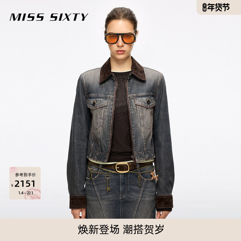Miss Sixty2025冬季新款棉质牛仔外套女复古拼皮工装做旧洗水短款,女装/女士精品,短外套,淘宝优惠券,粉丝福利购,淘宝优惠卷