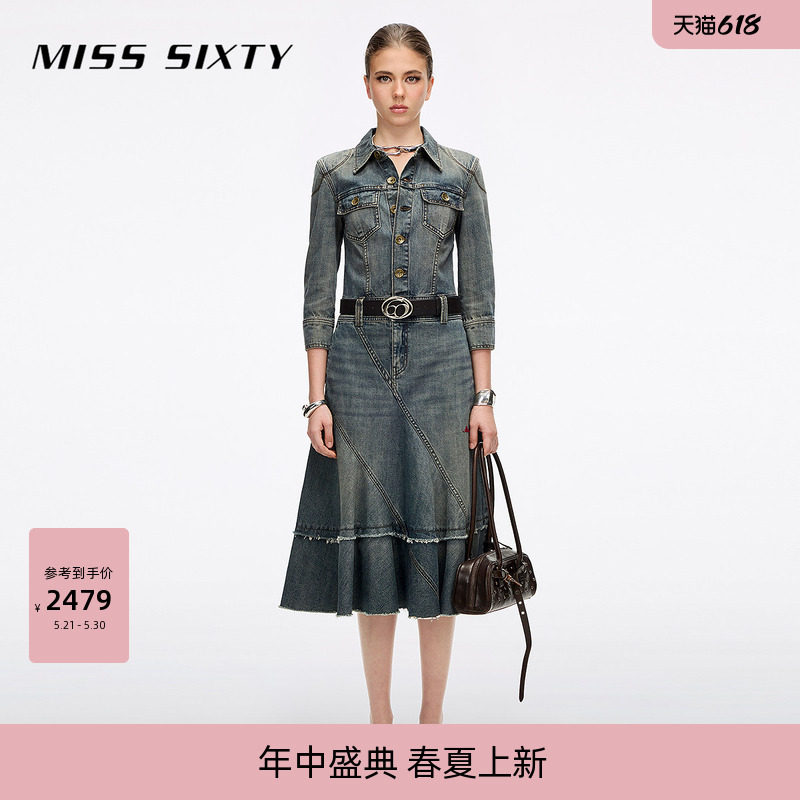 Miss Sixty2026春夏新款牛仔连衣裙女翻领七分袖复古洗