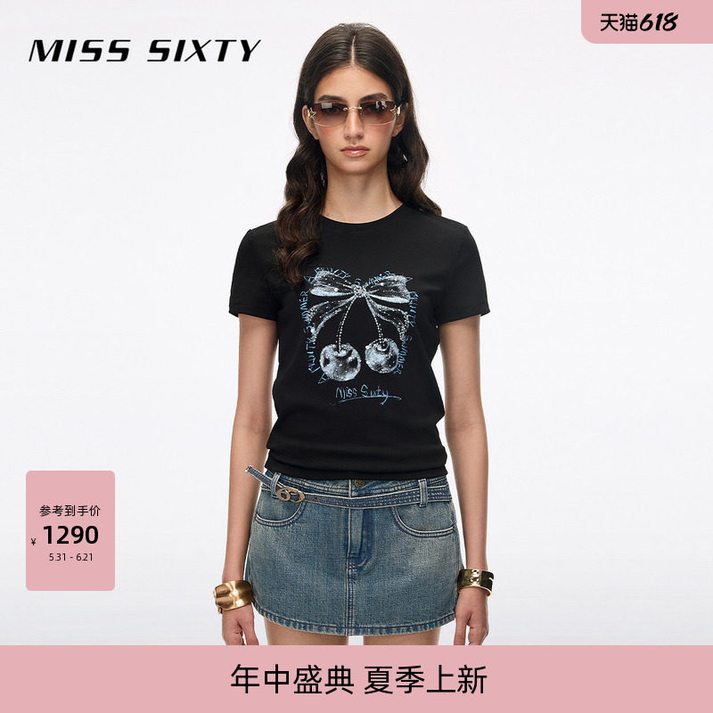 Miss Sixty2026夏季新款T恤女圆领蝴蝶结樱桃印花重工钉珠上衣
