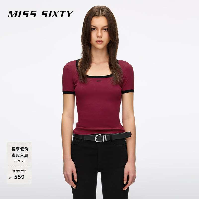 Miss Sixty2026春夏新款针织衫女撞色方领徽标刺绣修身