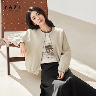 宽松小个子百搭显瘦高级感外套 新款 简约圆领PU短款 皮衣女2026春装