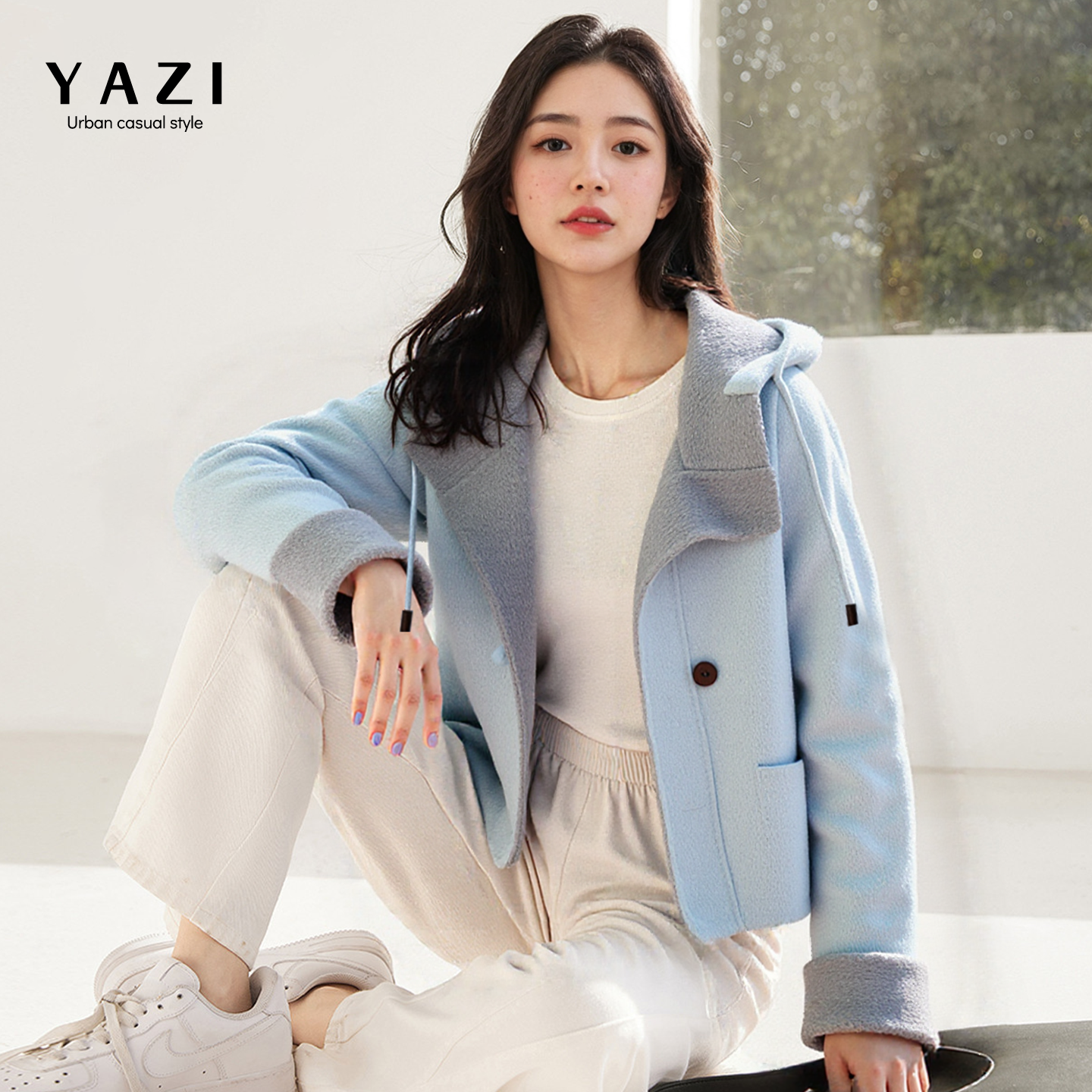 温柔风绵羊毛短款毛呢外套女秋冬 韩系小个子撞色连帽双面呢大衣