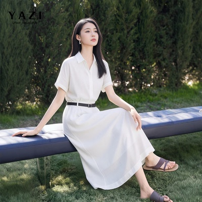 莱赛尔亚麻法式白色衬衫裙女2026夏季新款收腰显瘦垂感通勤中长裙