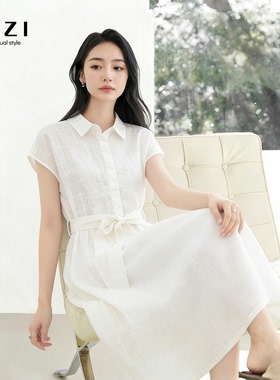 100%纯亚麻白色衬衫连衣裙女夏2026新款翻领系带收腰通勤A字长裙