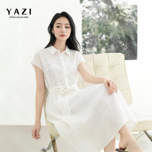 100%纯亚麻白色衬衫连衣裙女夏2026新款翻领系带收腰通勤A字长裙