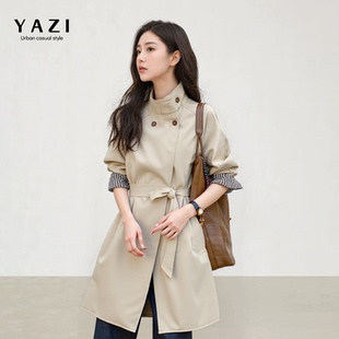 英伦风卡其立领收腰风衣女2025秋新款小个子中长款通勤高级感外套