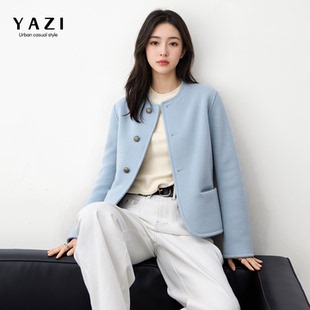 100%绵羊毛雾霾蓝短款双面呢大衣女秋冬 韩系圆领小个子显瘦外套
