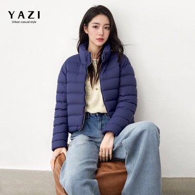 藏青短款立领排骨羽绒服女小个子