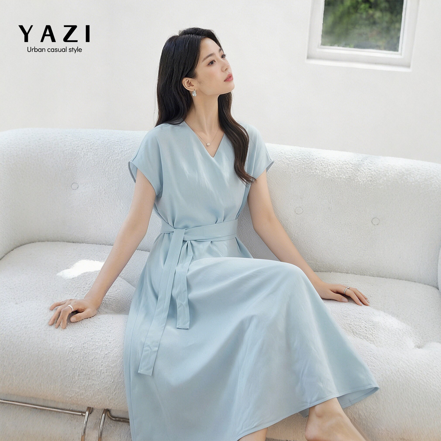法式莱赛尔亚麻连衣裙女2026夏新款V领收腰系带浅蓝通勤显瘦长裙