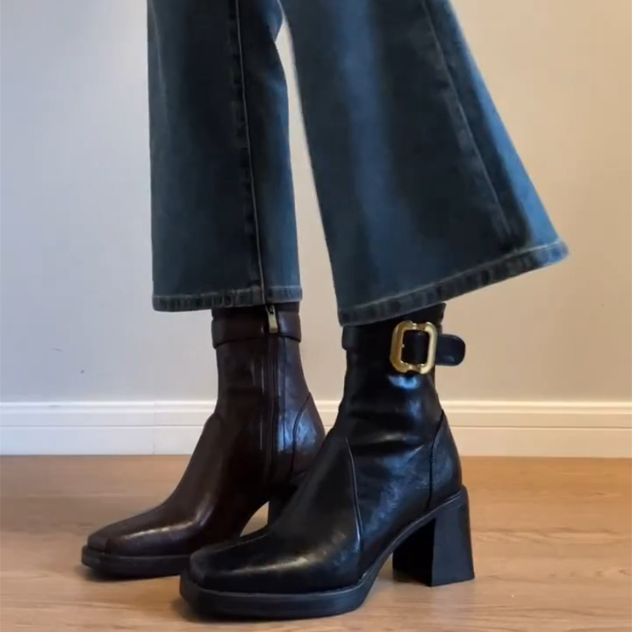 方头粗跟短靴女瘦瘦靴高跟马丁靴