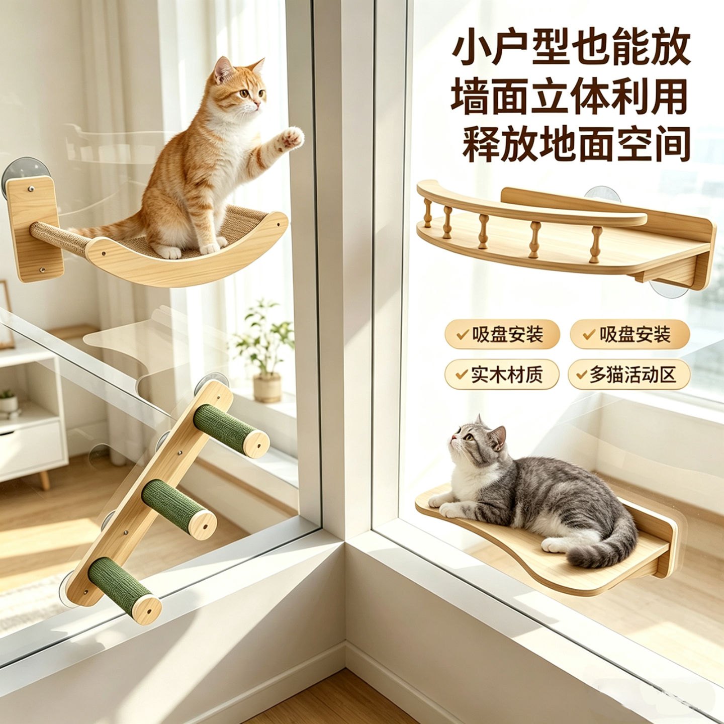 纯实木免打孔墙壁式猫爬架