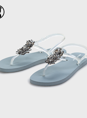 透明凉鞋女夏软底平底时尚水晶鞋果冻鞋舒适沙滩鞋白色一字带凉鞋