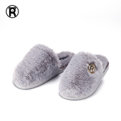 灰色 百搭外穿保暖居家防滑厚底ins毛毛鞋 洛克熊毛毛拖鞋 女穆勒鞋