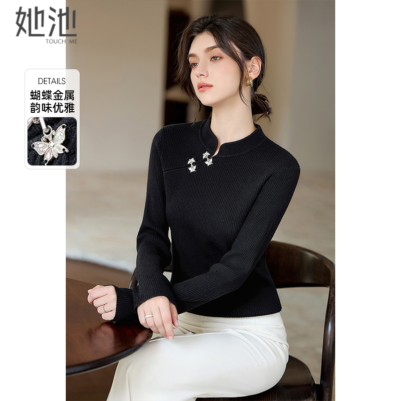 她池套头立领古典气质针织衫