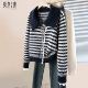 女装 新款 撞色翻领蕾丝拼接条纹单排扣上衣 毛衣2026春装 她池宽松款