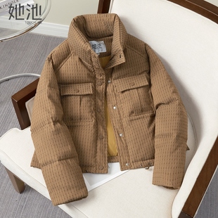 新款 单排扣短款 女装 休闲韩版 宽松棉服 时尚 她池立领棉衣2025冬装