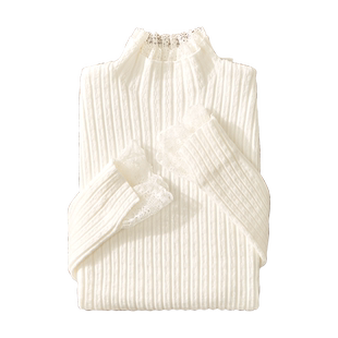 她池简约打底衫2025秋装新款女装半高领蕾丝边针织内搭修身上衣