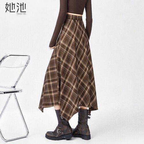 她池复古高腰撞色格子半身裙