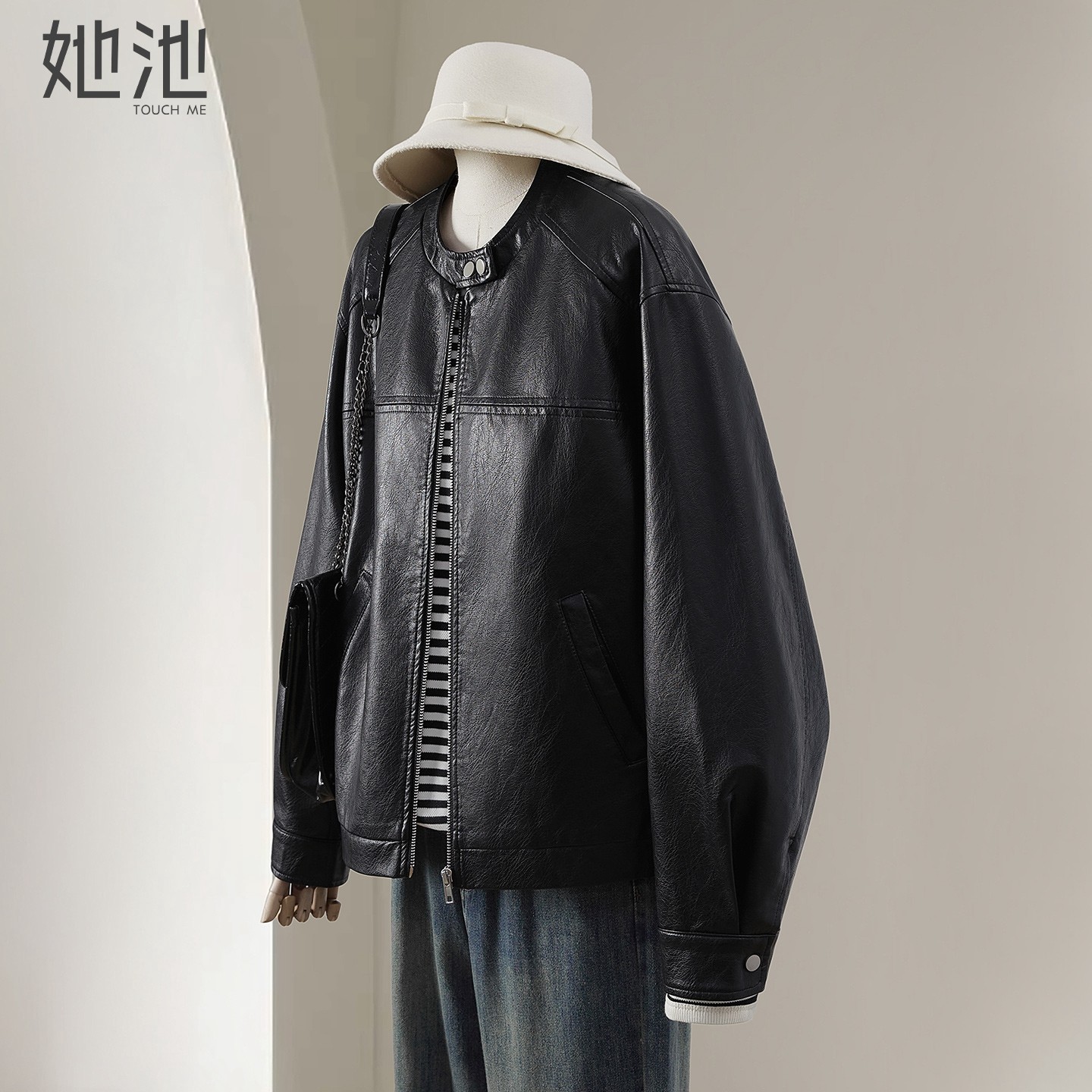 她池PU外套2026春装新款女装复古拼接宽松款小立领休闲机车风上衣