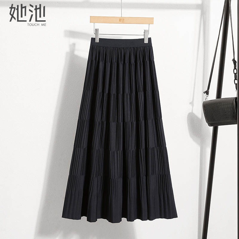 她池A字型淑女垂感拼接半身裙