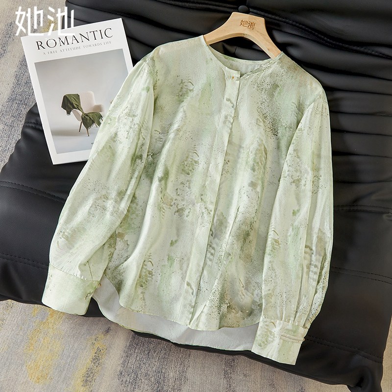 她池新中式衬衫2025秋装新款女装撞色晕染宽松款中长款圆领衬衣