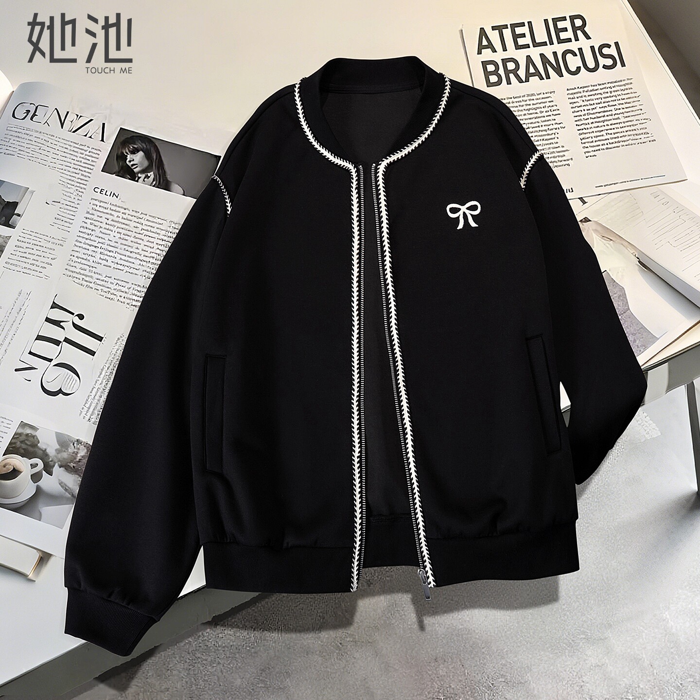 她池棒球服外套2026春装新款女装时尚撞色刺绣宽松款圆领落肩上衣