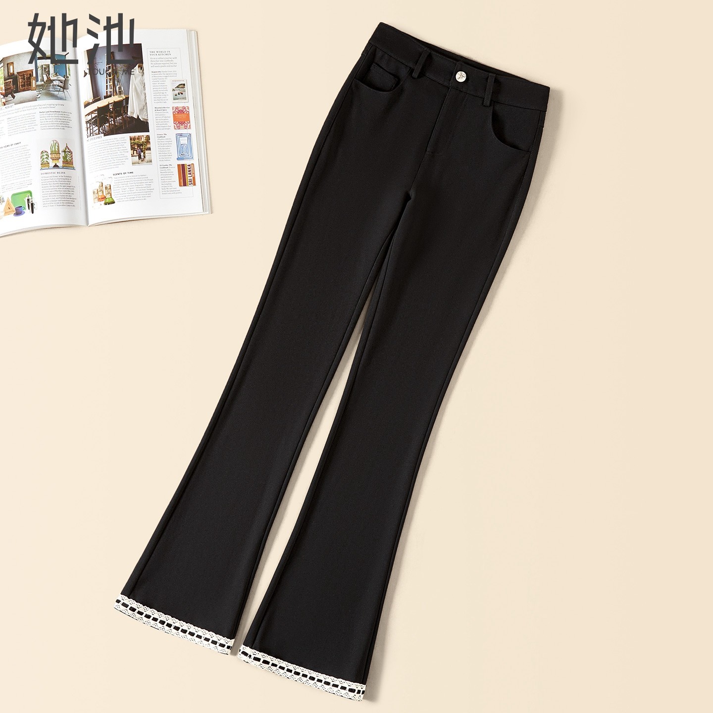 她池高腰休闲裤2026春装新款女装时尚通勤撞色花边拼接显瘦微喇裤