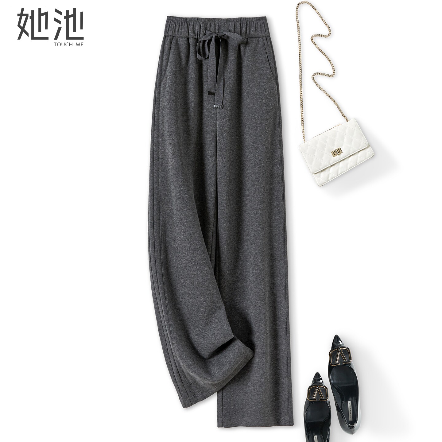 她池垂感休闲裤2026春装新款女装运动风松紧高腰抽绳长款直筒裤