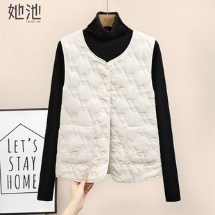 她池V领棉马夹2025冬装新款女装单排扣宽松款保暖短款内搭马甲