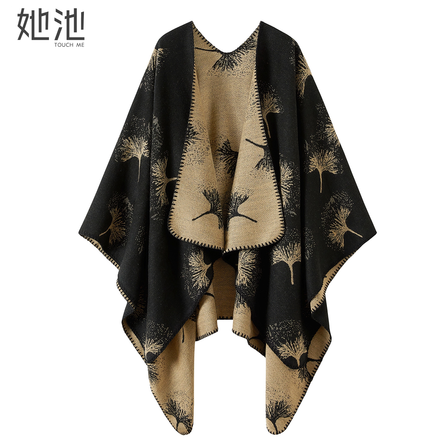 她池优雅复古中长款针织披肩外套