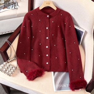 她池钉钻针织衫2026春装新款女装喜庆圆领单排扣宽松款长袖上衣